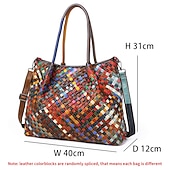 baratos Malas com Alça-bolsa tote feminina de couro trançado multicolorido com alças duplas e estilo boho patchwork, bolsa de ombro grande para viagens, eventos de arte e uso diário casual
