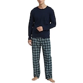 billiga Pyjamas-Herr Vardagsklädsel Sovkläder Pyjamas set Pyjamastopp och byxa 2 delar Rutig Stylish Ledigt Komfort Hem Dagligen Bomullsblandning Komfort Rund hals Långärmad T-shirt Byxa Snörning Elastisk midja