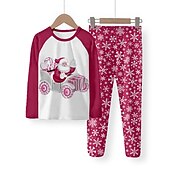 billiga Flickans 3D-tecknad film-Flickor 3D jultomten Pyjamas set Långärmad 3D-tryck Höst Vinter Aktiv Mode söt stil Polyester Barn 3-12 år Rund hals Hem Casual Inomhus Normal