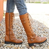 Women's Black Knee High Lace-Up Combat Boots with Chunky Heel, Military Gothic Punk Style Fashion Boots for Autumn Winter 16