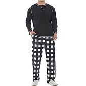 billiga Pyjamas-Herr Vardagsklädsel Sovkläder Pyjamas set Pyjamastopp och byxa 2 delar Rutig Stylish Ledigt Komfort Hem Dagligen Bomullsblandning Komfort Henley Långärmad T-shirt Byxa Snörning Elastisk midja Sommar