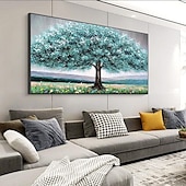 cheap Floral/Botanical Paintings-Handmade Hand Painted Oil Painting Wall Art Huge Green Oil Painting of Happy Tree Symbolizing Vibrancy and Vitality Decor Rolled Canvas No Frame Unstretched