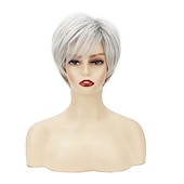 cheap Older Wigs-Short Curly Grey Pixie Wigs for White Women Sliver Grey Layered Synthetic Wig Natural Looking Pixie Cut Fluffy Wigs with Bangs