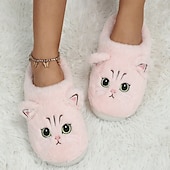 ieftine Flip-Flops de Damă-papuci de pisică de pluș pentru femei - papuci confortabili de interior cu blană, cu urechi drăguțe și broderie pentru îmbrăcăminte de iarnă acasă