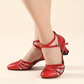 preiswerte Lateinamerikanische Schuhe-Rote Latein-Tanzschuhe für Damen – glänzende Kunstleder-Absätze mit Mesh-Einsätzen und Knöchelriemen für Standardtanz, Salsa und Auftritte