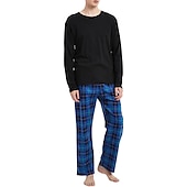 billiga Pyjamas-Herr Vardagsklädsel Sovkläder Pyjamas set Pyjamastopp och byxa 2 delar Rutig Stylish Ledigt Komfort Hem Dagligen Bomullsblandning Komfort Rund hals Långärmad T-shirt Byxa Snörning Elastisk midja