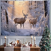 cheap Landscape Tapestry-Winter Wonderland Hanging Tapestry Wall Art Large Tapestry Mural Decor Photograph Backdrop Blanket Curtain Home Bedroom Living Room Decoration Snow Reindeer
