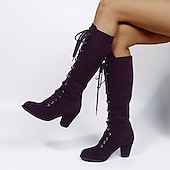 cheap Fashion Boots-Women&#039;s Black Lace-Up Knee-High Boots with Block Heels - Elegant and Edgy for Fall and Winter, Ideal for Casual Wear, Parties, and Nights Out