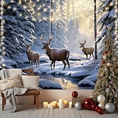 cheap Landscape Tapestry-Winter Wonderland Hanging Tapestry Wall Art Large Tapestry Mural Decor Photograph Backdrop Blanket Curtain Home Bedroom Living Room Decoration Snow Reindeer