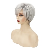 cheap Older Wigs-Short Curly Grey Pixie Wigs for White Women Sliver Grey Layered Synthetic Wig Natural Looking Pixie Cut Fluffy Wigs with Bangs