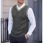 billige genser for menn-Herre Genser vest Pullover genser Kjole genser Kabel Strikke Glimmer Multi Layer Helfarge V-hals Etnisk stil Gammeldags stil Daglig Klær Drop Shoulder Vår Høst Svart Hvit S M L