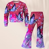 billiga Flickans 3D Vision &amp; Skinande-Flickor 3D Fjäril Set Sweatshirt &amp; Flare Pants Set Långärmad 3D-tryck Höst Vinter Aktiv Mode Dagligen Barn 3-12 år Rund hals Utomhus Semester Datum Normal