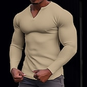 economico T-shirt in maglia waffle-Per uomo Camicia a nido d&#039;ape Maglietta Camicia a Maniche Lunghe Manica Lunga Scollo a V Primavera &amp; Autunno Semplice Moda Designer Essenziale Vacanza Streetwear Uscire Nero Bianco Arancione