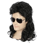cheap Historical Wigs-Long Dark Brown Wig Rock Star Style Mullet Cosplay Wig 70s 80s Costume Wig Carnival Curly Hair Party Wigs Halloween Wigs