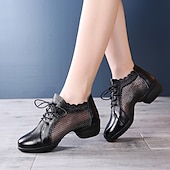 abordables Baskets de danse-Chaussures de danse à lacets en cuir et maille blanche pour femmes, avec semelle souple et flexible, baskets de jazz respirantes pour la pratique latine, la salle de bal et l&#039;entraînement physique.