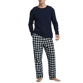 billiga Pyjamas-Herr Vardagsklädsel Sovkläder Pyjamas set Pyjamastopp och byxa 2 delar Rutig Stylish Ledigt Komfort Hem Dagligen Bomullsblandning Komfort Rund hals Långärmad T-shirt Byxa Snörning Elastisk midja