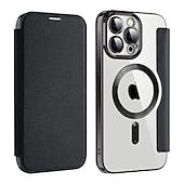 abordables Coques iPhone-Coque de téléphone MagSafe avec dos transparent et fente pour carte – couvercle rétro cuir PU pour iPhone 16e 16 15 Pro Max Plus 14 13 12 11