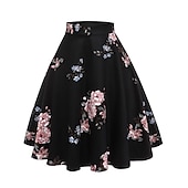preiswerte Grafische Röcke-Damen Rock Ballettröckchen Vintage Modisch Brautkleider schlicht Knielang Hoher Taillenbund Röcke Blumen Rüschen Bedruckt Urlaub Strasse Pfingstrose auf schwarzem Hintergrund Winter Baumwolle