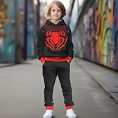 billiga Pojkens 3D-djur-miles morales kostym halloween pojkar 3d spindel huvtröja &amp; byxor set långärmad 3d-utskrift höst vinter aktivt mode cool polyester barn 3-12 år utomhus street semester normal passform