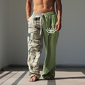 cheap Classic-Men&#039;s Graphic Prints Linen Pants Trousers Summer Pants Mid Waist Vintage Classic Style Casual Daily Holiday Drawstring Elastic Waist 3D Print Spring &amp; Summer 3D Print Blue Green Khaki