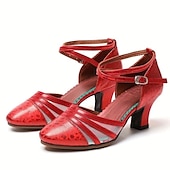 preiswerte Lateinamerikanische Schuhe-Rote Latein-Tanzschuhe für Damen – glänzende Kunstleder-Absätze mit Mesh-Einsätzen und Knöchelriemen für Standardtanz, Salsa und Auftritte
