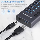 cheap USB Hubs-100‑240V 10 Port 60W USB 3.0 Hub with Individual Power Switches LEDs Aluminum Alloy Shell USB 3.0 Docking Station 60W 12V 5A Power Adapter