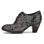 olcso 1930-as évek-Edward-korabeli ihletésű vintage jacquard fűzős bőr bokacsizma vastag sarokkal, retró virágmintás rövid csizma nőknek