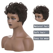 cheap Black &amp; African Wigs-Dark Brown Short Pixie Cut Wigs for Black Women Curly Hair Replacement Short Black Layered Wavy Pixie Wigs With Bangs For Black Women