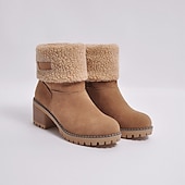 cheap Snow &amp; Winter Boots-Women&#039;s Faux Suede Ankle Boots with Fleece Lining and Fold-Over Cuff, Block Heel Winter Boots Available in Multiple Colors