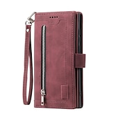 abordables Carcasas Samsung-Funda para teléfono para Samsung Galaxy Z Fold 5 Z Fold 4 Z Fold 3 Funda de billetera con cremallera protección completa con correa para muñeca color liso de cuero PU