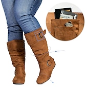 levne Slouch Boots-dámské široké boty do lýtek se skrytou kapsou – pohodlný široký šířkový štíhlý design s akcenty na přezku