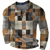 billige Geometrisk-Herre Grafisk Fargeblokk Pledd / Tern Vaffel Henley-skjorte Uformell stil Klassisk Stil Langermet 3D-utskrift Mote Designer Grunnleggende utendørs Daglig Vår &amp; Vinter Oransje Henley Henley T-skjorte