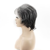 cheap Older Wigs-Short Grey Pixie Cut Wigs for Women layered Synthetic Hair Mixed Gray Wig with White Bangs Natural Wavy Wigs for Old Lady