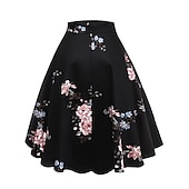 preiswerte Grafische Röcke-Damen Rock Ballettröckchen Vintage Modisch Brautkleider schlicht Knielang Hoher Taillenbund Röcke Blumen Rüschen Bedruckt Urlaub Strasse Pfingstrose auf schwarzem Hintergrund Winter Baumwolle