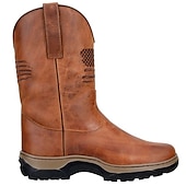 billiga Cowboy &amp; Western Boots-cowboyarbetsstövlar med präglade amerikansk flagga för män - slitstarka bruna västernstövlar i konstläder med robust sula för utomhus- och fritidskläder