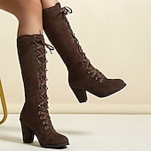 cheap Fashion Boots-Women&#039;s Black Lace-Up Knee-High Boots with Block Heels - Elegant and Edgy for Fall and Winter, Ideal for Casual Wear, Parties, and Nights Out
