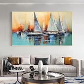 abordables Peintures paysages-peinture à l&#039;huile faite à la main toile mur art décor original voilier coloré en entier pour la décoration intérieure avec cadre étiré sans peinture de cadre intérieur