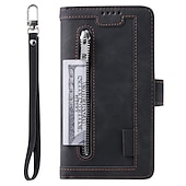 abordables Carcasas Samsung-Funda para teléfono para Samsung Galaxy Z Fold 5 Z Fold 4 Z Fold 3 Funda de billetera con cremallera protección completa con correa para muñeca color liso de cuero PU