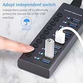 cheap USB Hubs-100‑240V 10 Port 60W USB 3.0 Hub with Individual Power Switches LEDs Aluminum Alloy Shell USB 3.0 Docking Station 60W 12V 5A Power Adapter