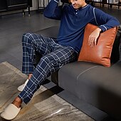 billiga Pyjamas-Herr Vardagsklädsel Sovkläder Pyjamas set Pyjamastopp och byxa 2 delar Rutig Stylish Ledigt Komfort Hem Dagligen Bomullsblandning Komfort Henley Långärmad T-shirt Byxa Snörning Elastisk midja Sommar
