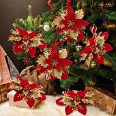 olcso Koszorúk, Girlandok és Díszek-50db piros mikulásvirág műkarácsonyi dekor, csillogó mikulásvirág karácsonyfa virágdísz, barkácsolt karácsonyi koszorú dekor