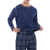 billiga Pyjamas-Herr Vardagsklädsel Sovkläder Pyjamas set Pyjamastopp och byxa 2 delar Rutig Stylish Ledigt Komfort Hem Dagligen Bomullsblandning Komfort Henley Långärmad T-shirt Byxa Snörning Elastisk midja Sommar
