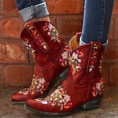abordables Cowboy y botas occidentales-Botas vaqueras occidentales vintage para mujer: botines de piel sintética con bordados florales para uso informal y festivo