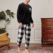 preiswerte Pyjamas-Herren Hausanzug Schlafanzüge Schlafanzug Set Pyjama-Oberteil und Hose 2 Stück Plaid Stilvoll Brautkleider schlicht Komfort Heim Täglich Flanell Komfort Rundhalsausschnitt Langarm Pullover