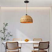 abordables Lustres style lanterne-pendentif LED en rotin 11,8&quot; lustres, luminaire suspendu LED de style minimaliste, plafonnier de chevet de salle à manger 110-240v