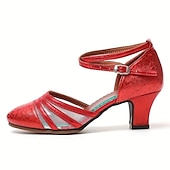 preiswerte Lateinamerikanische Schuhe-Rote Latein-Tanzschuhe für Damen – glänzende Kunstleder-Absätze mit Mesh-Einsätzen und Knöchelriemen für Standardtanz, Salsa und Auftritte