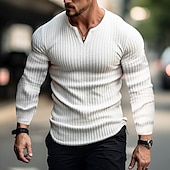 preiswerte Lässiges Henley-T-Shirt-Herren T Shirt Henley Shirt Geripptes Strick-T-Shirt T-Shirt langarmshirt Glatt Grubenstreifen V Ausschnitt Strasse Urlaub Langarm Bekleidung Modisch Designer Basic