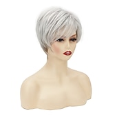 cheap Older Wigs-Short Curly Grey Pixie Wigs for White Women Sliver Grey Layered Synthetic Wig Natural Looking Pixie Cut Fluffy Wigs with Bangs