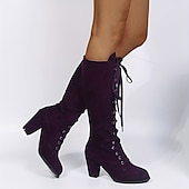 cheap Fashion Boots-Women&#039;s Black Lace-Up Knee-High Boots with Block Heels - Elegant and Edgy for Fall and Winter, Ideal for Casual Wear, Parties, and Nights Out