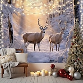 cheap Landscape Tapestry-Winter Wonderland Hanging Tapestry Wall Art Large Tapestry Mural Decor Photograph Backdrop Blanket Curtain Home Bedroom Living Room Decoration Snow Reindeer